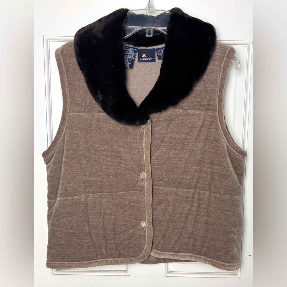 Vintage Liz Claiborne Lizsport Velour Beige Taupe Brown Vest Faux Fur Collar S